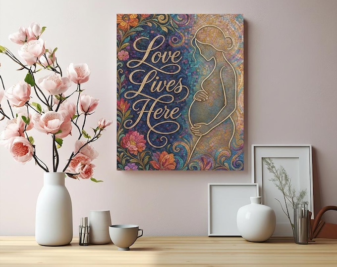 Love Lives Here Mosaic Matte Canvas | Maternity Silhouette Wall Accent