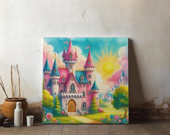 May include: A vibrant, square canvas print of a fairytale castle. The castle features pink turrets, blue spires, and a golden door, set against a sunny sky with fluffy clouds. Lush green trees and colorful flowers frame the castle.