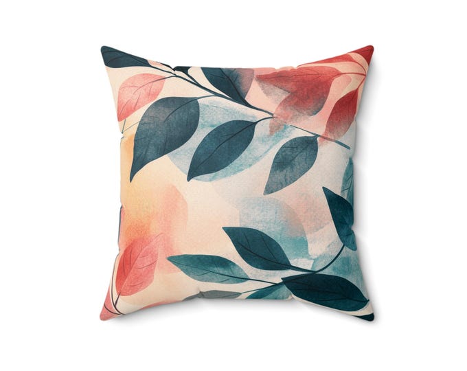 Watercolor Leaf Pattern Pillow | Botanical Throw Pillow, Square Polyester Cushion