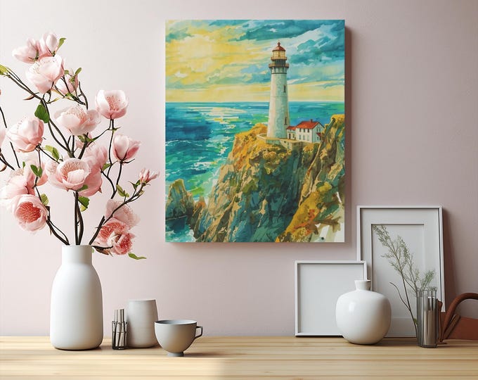 Lighthouse Canvas Wall Art: Coastal Nautical Home Decor (16x20)