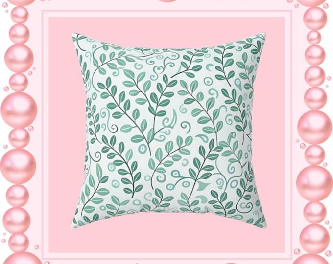 Teal Vine Pattern Pillow | Botanical Leaf Throw Pillow