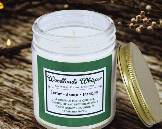 Woodlands Whisper Hand Poured Coconut Apricot Wax Candle Jar | 4oz & 9oz | Earthy Amber