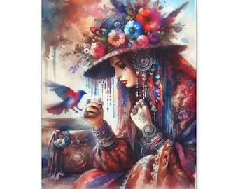 Bird of Passage Canvas Wall Art: Colorful Bohemian Decor, 16x20