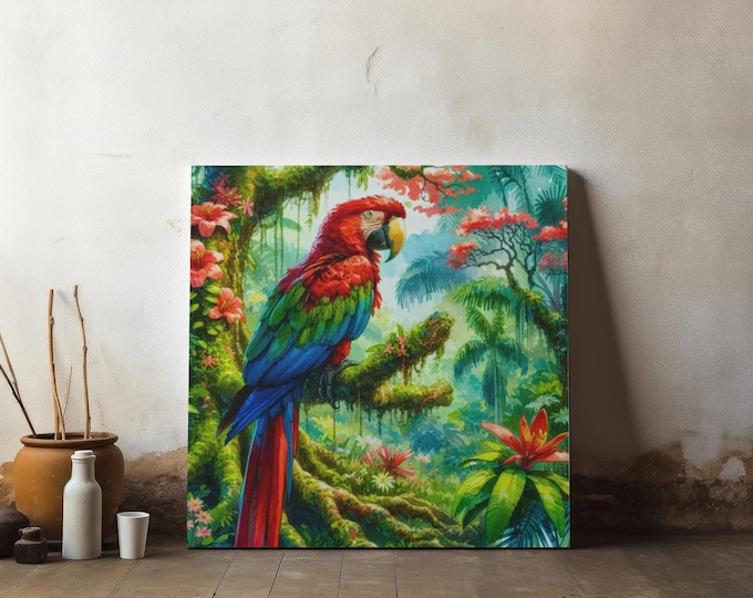 Scarlet Macaw Parrot Canvas Wall Art: Tropical Home Decor, 14x14