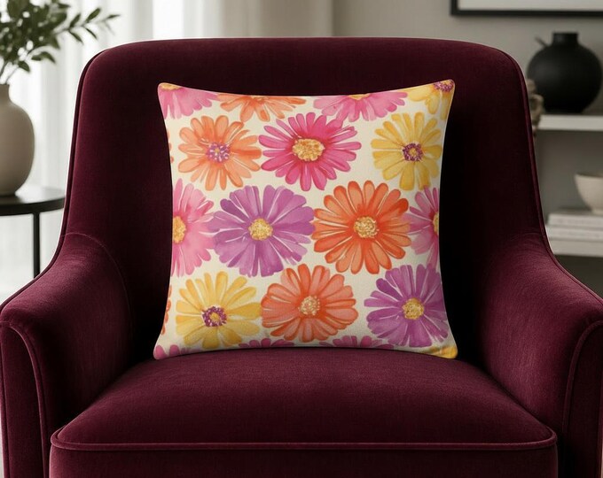 Tangerine Carnelian Floral Pillow: Colorful Flower Cushion, Spring Decor