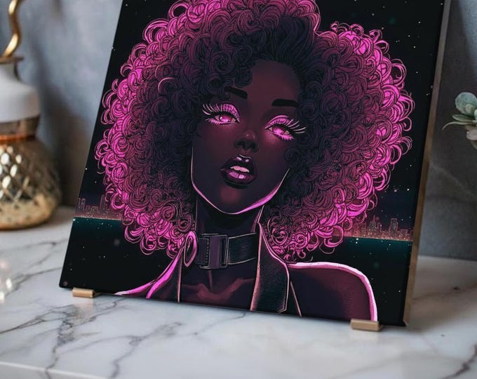 Galactic Glow Goddess Acrylic Print | Neon Afro Portrait French Cleat Wall Art