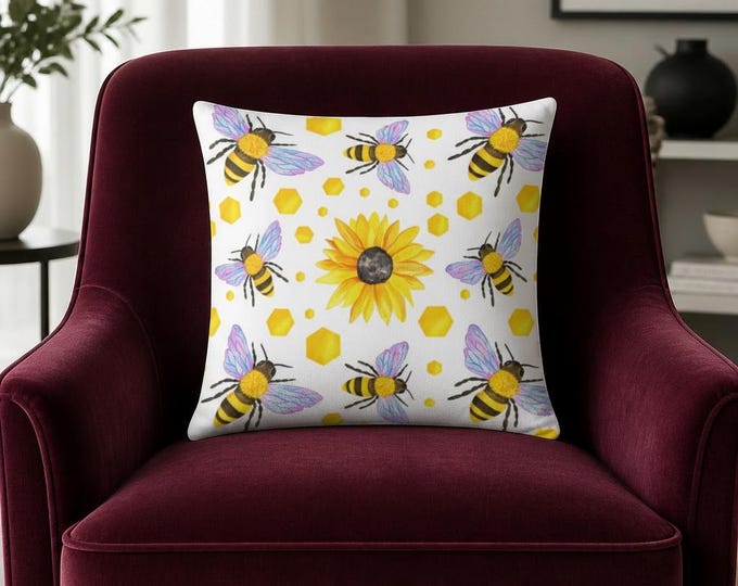 Sunflower Bee Pattern Pillow | Square Throw Pillow, Yellow Pollinator Decor