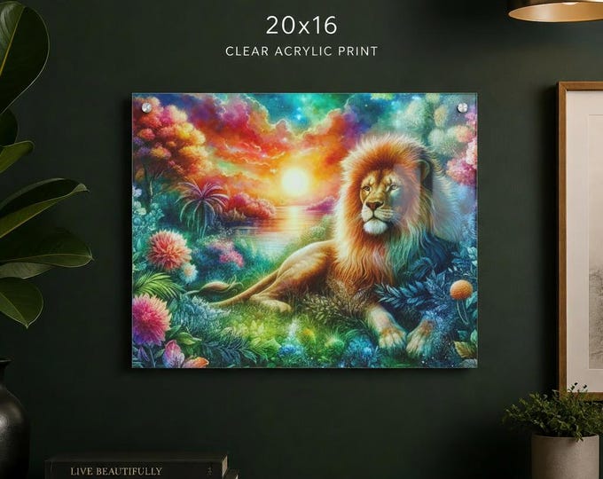 Dreamscape Lion Acrylic Print | Vibrant Jungle Sunset Wall Art
