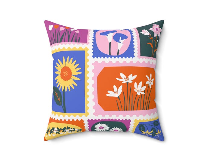 Floral Stamp Patchwork Pillow | Square Throw Pillow, Colorful Botanical Pattern