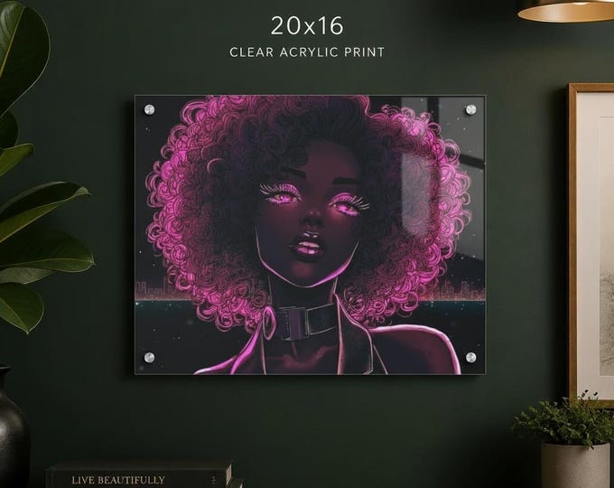 Galactic Glow Goddess Acrylic Print | Neon Afro Portrait French Cleat Wall Art
