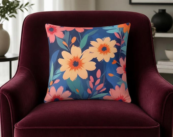 Navy Floral Pattern Pillow | Pink Square Throw Pillow