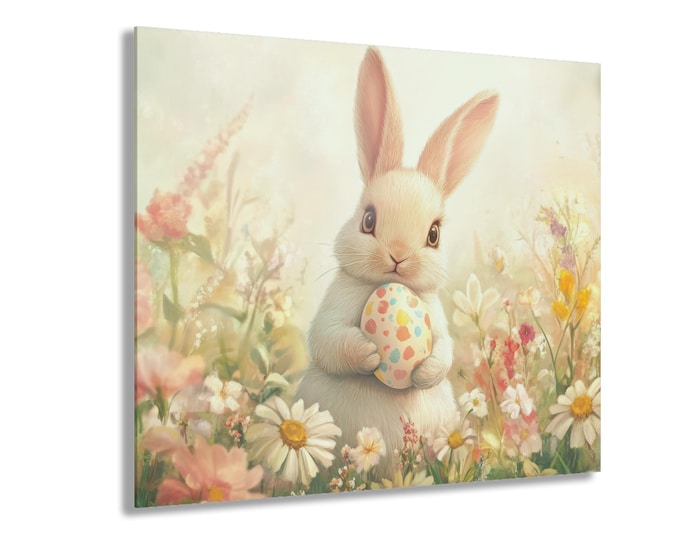 Easter Bunny Acrylic Print | Floral Meadow, Painted Egg (20x16in Wall Art)