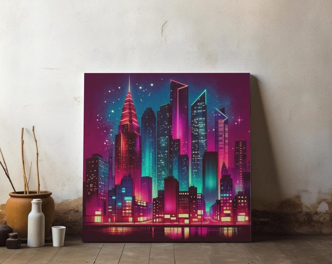Neon Cityscape Canvas Art: Vibrant Urban Home Decor (14x14")