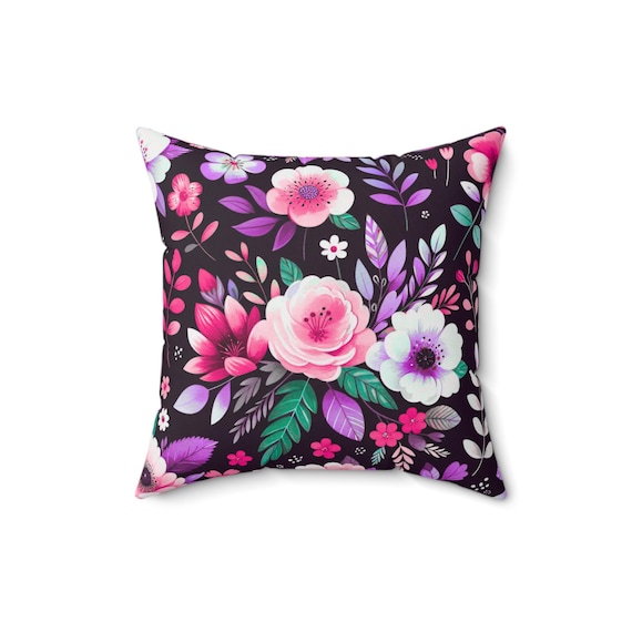 Magenta Floral Throw Pillow: Boho Home Decor, Spun Polyester Cushion