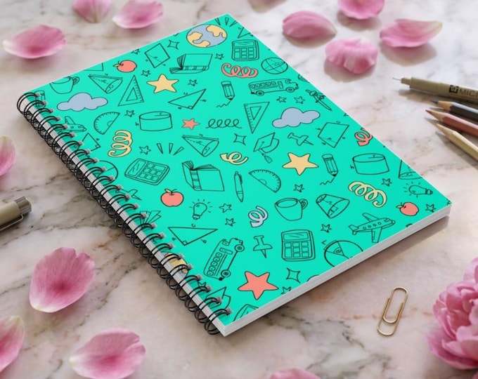 School Icon Spiral Notebook | Teal Doodle Pattern, 6" x 8"