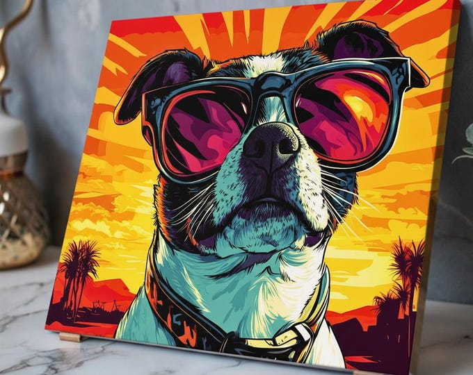 Sunglasses Dog Pop Art | 20x16 Acrylic Wall Print, French Cleat