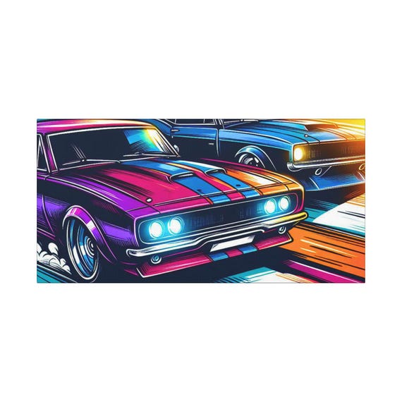 Retro Muscle Car Canvas Art: Garage & Man Cave Decor (30x15)