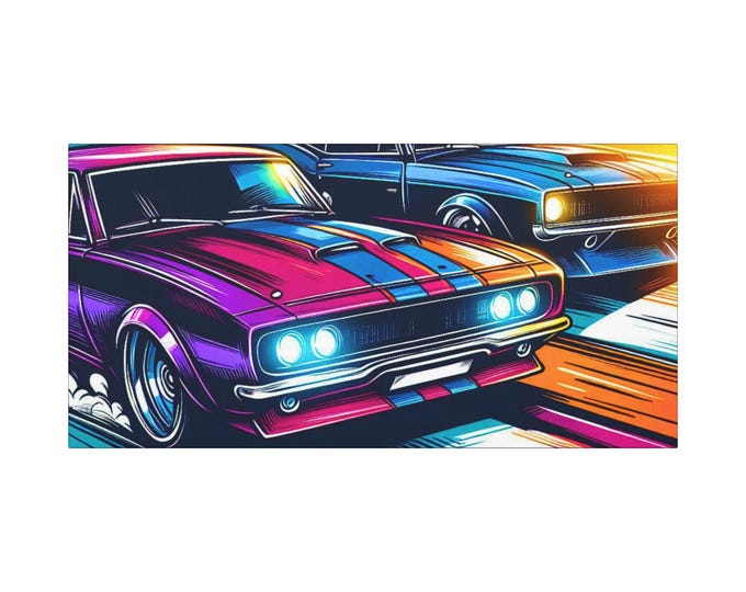 Retro Muscle Car Canvas Art: Garage & Man Cave Decor (30x15)