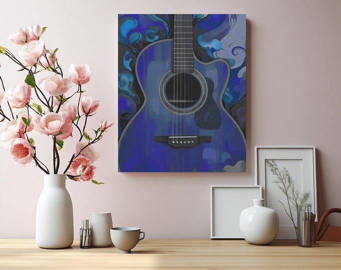 Cobalt Blue Acoustic Guitar Canvas Art: Musician Home Decor (16x20 Canvas Only)