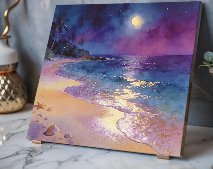 Midnight Radiance Acrylic Print | French Cleat Hanging | Moonlit Beach Seascape Accent