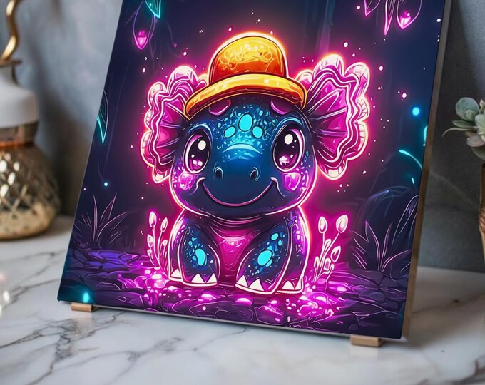 Glowing Neon Axolotl Acrylic Print | French Cleat Hanging