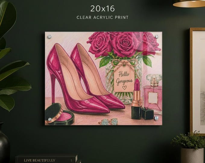 20x16 Acrylic Print | Roses, Lipstick, Heels Wall Art (Fashion Decor)
