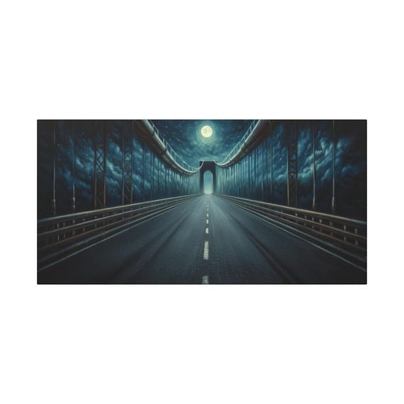 Moonlit Bridge Canvas Art: Mystical Road Home Decor (30x15)