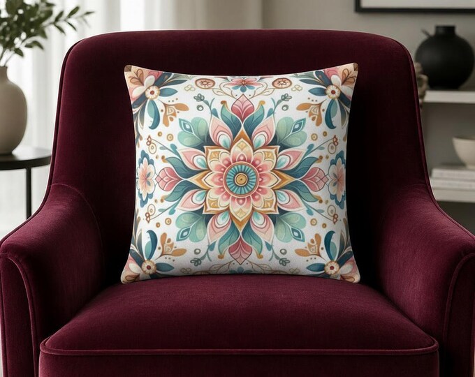 Blooming Mandala Pillow: Floral Throw Cushion, Modern Home Decor