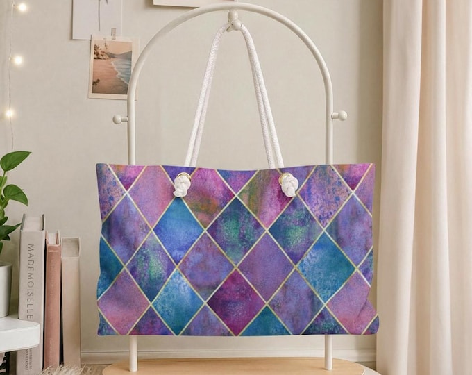 Diamond Harlequin Weekender Bag | Purple Blue Geometric Travel Tote