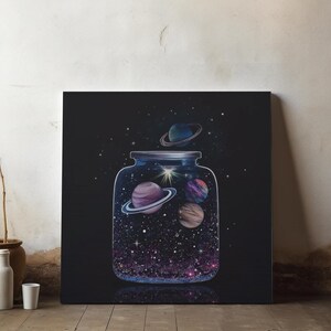 Arte em tela com pote de planeta cósmico, decoração para casa com tema galáctico (14x14)