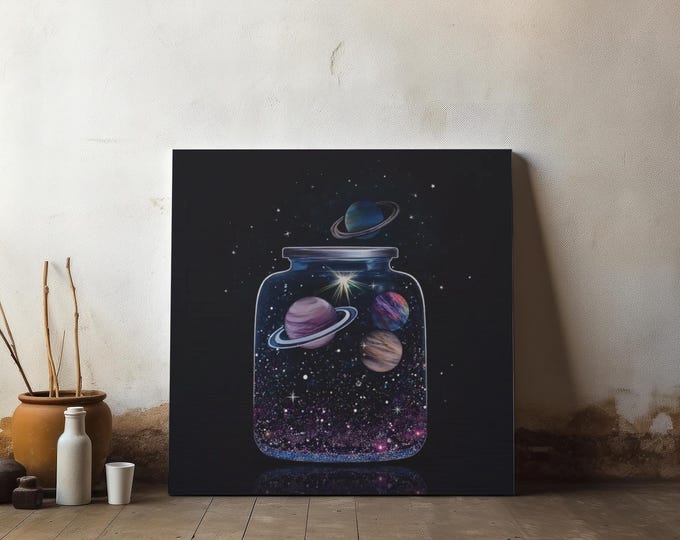 Cosmic Planet Jar Canvas Art, Galaxy Home Decor (14x14)