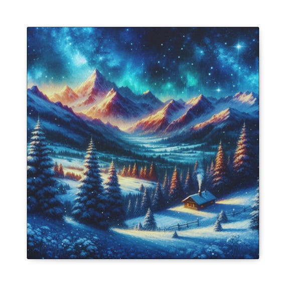 Winter Cabin Canvas Art: Nature-Inspired Landscape (14x14)