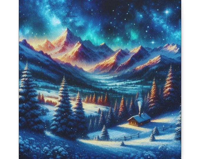 Winter Cabin Canvas Art: Nature-Inspired Landscape (14x14)