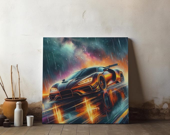 Retro Car Sunset Canvas Art: Automotive Enthusiast Decor (14x14)