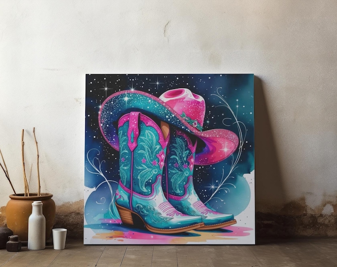 Rhinestone Cowgirl Boots Canvas Art, Western Home Decor (14x14)
