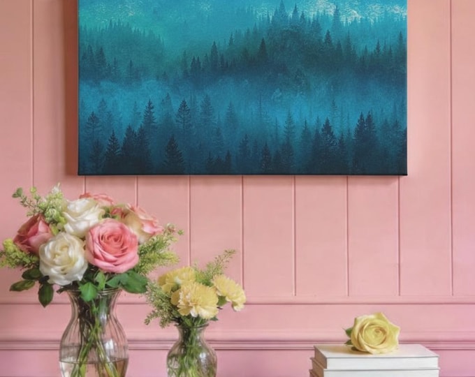 Misty Blue Forest Abstract Landscape Watercolor Canvas