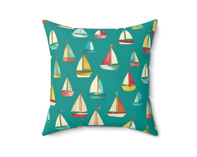 Nautical Sailboat Pillow: Coastal Living Room Decor, Beach House Cushion