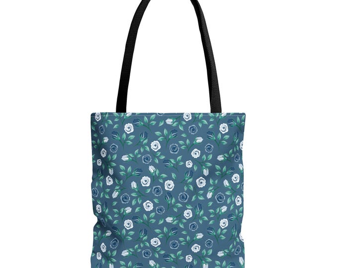 Cobalt Floral Tote Bag: Eco-Friendly Polyester Shopping Bag