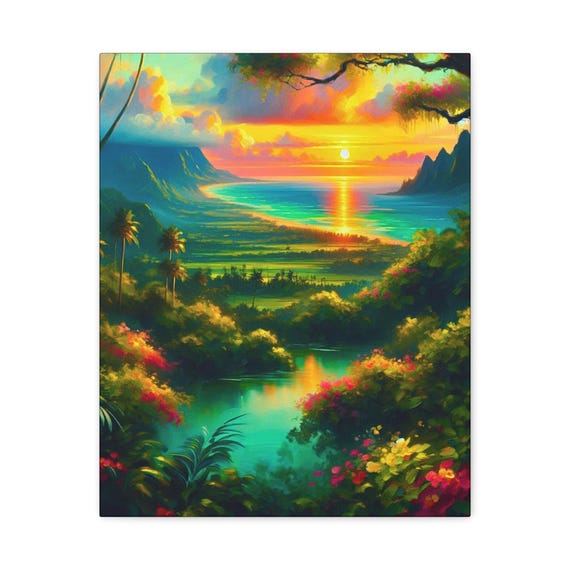 Tropical Sunset Canvas Art: Sunlit Botanica, Serene Oceanic Landscape (16x20)