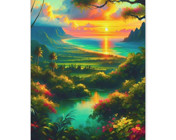 Tropical Sunset Canvas Art: Sunlit Botanica, Serene Oceanic Landscape (16x20)