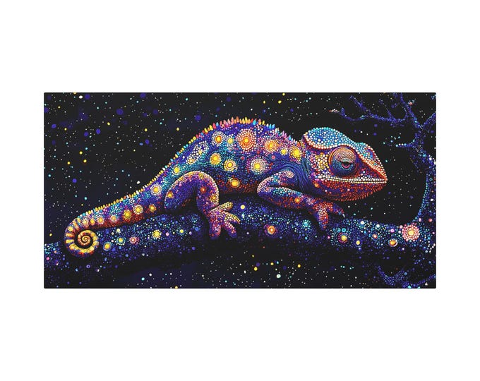 Galaxy Chameleon Canvas Panel, Stretched Matte Wall Art | Colorful Starry Lizard 30x15