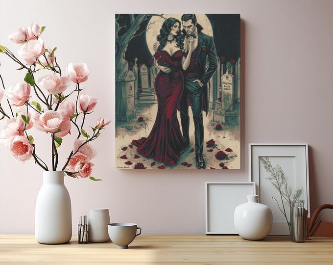 Gothic Vampire Couple Canvas Art: Eternal Romance, Dark Beauty Decor