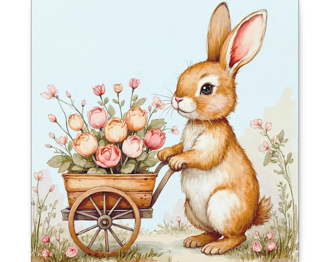 Easter Bunny with Flower Cart Matte Canvas Home Accent 14x14