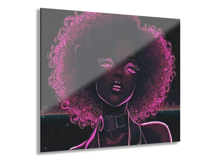 Galactic Glow Goddess Acrylic Print | Neon Afro Portrait French Cleat Wall Art