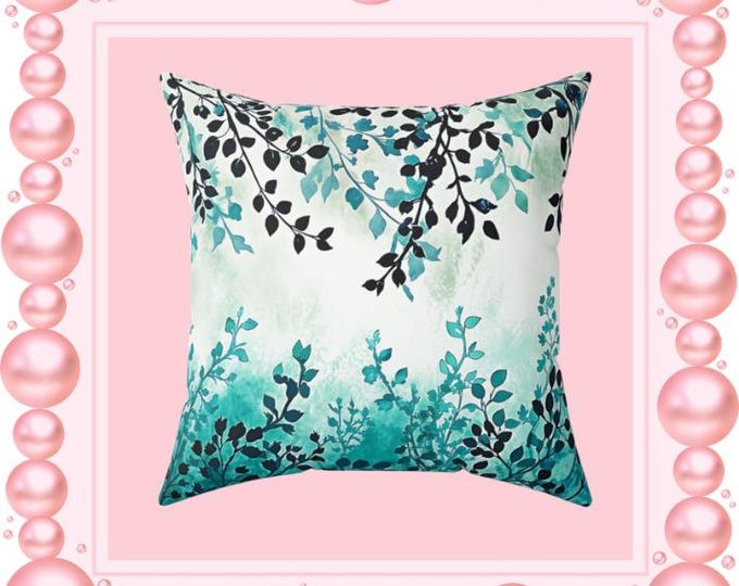 Teal Watercolor Vine Pillow | Square Throw Pillow