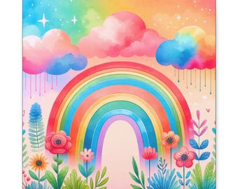 Rainbow Floral Canvas Wall Art: Whimsical Watercolor Playroom Decor