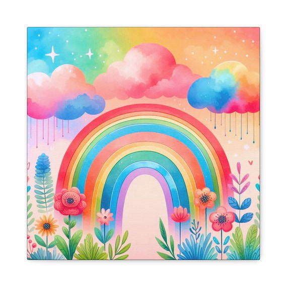 Rainbow Floral Canvas Wall Art: Whimsical Watercolor Playroom Decor