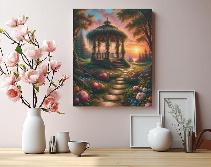 Secret Garden Gazebo Canvas Art: Floral Landscape Wall Decor (16x20)