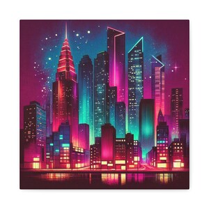 Neon Nights Cityscape Wall Art, Vibrant Canvas Artwork, Urban Home Decor, Modern Art for Living Room, Gift for City Lovers, Abstract Piece