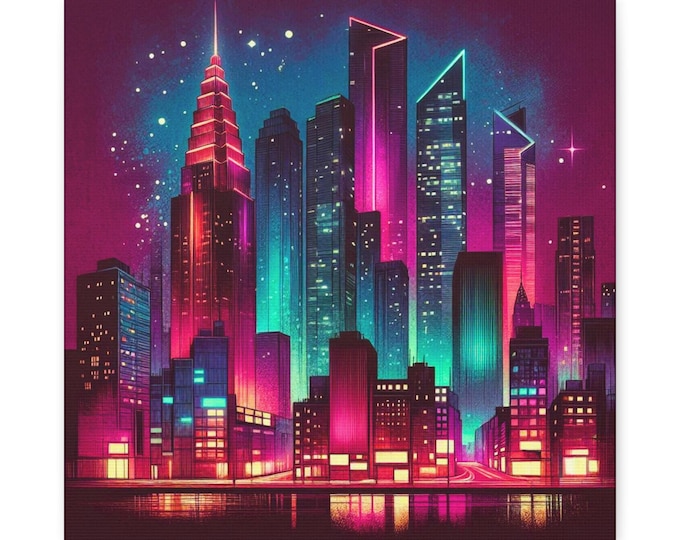 Neon Cityscape Canvas Art: Vibrant Urban Home Decor (14x14")